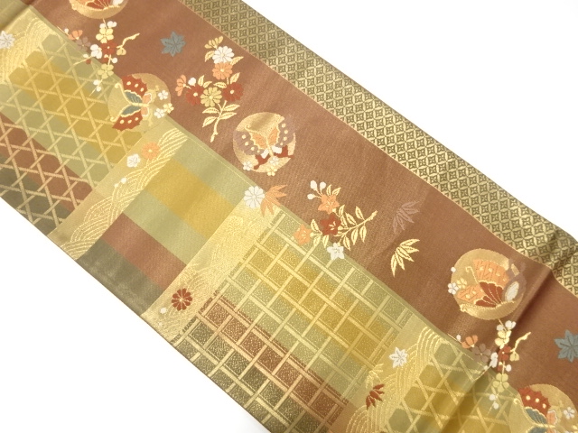 変わり格子に蝶・花模様織り出し袋帯